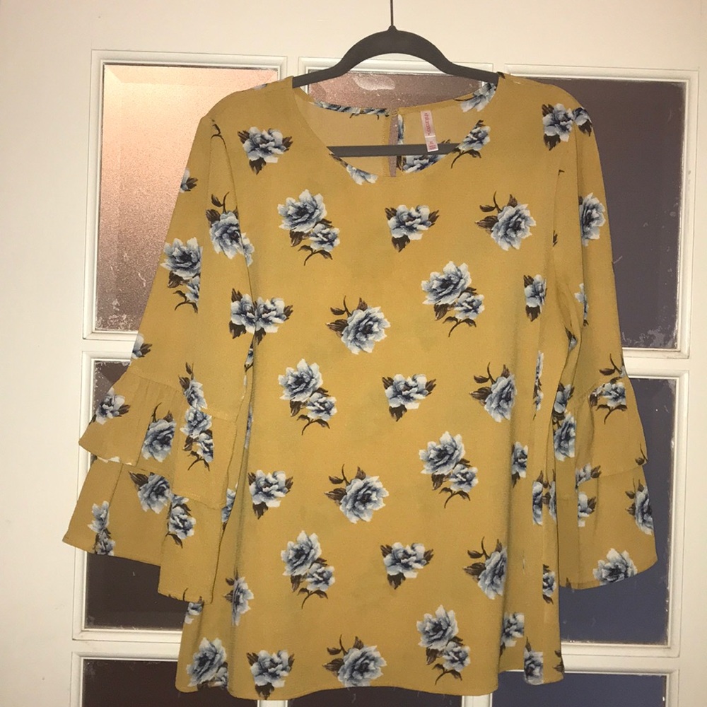 Xhilaration Mustard Yellow Top with Ruffle Sleeves